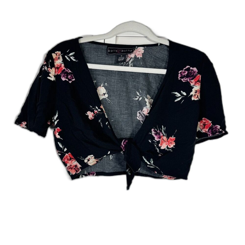 Polly & Esther Dark Floral Print Front Tie Crop Top Size M